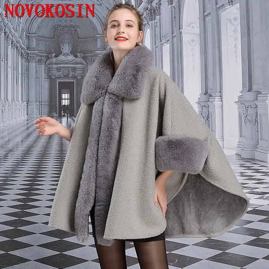 6 Colors Women Big Faux Rabbit Fur Collar Poncho Batwing Sleeves Granular Velvet Cardigan Cloak Long Winter Warm Thick Coat