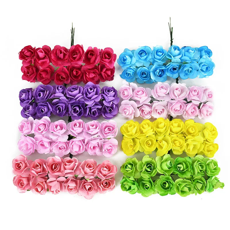 144pcs 2cm Artificial Mini Paper Rose Bouquet for Wedding Party Decoration Home DIY Wreath Gifts Scrapbooking Craft Fake Flowers