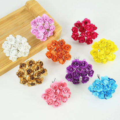 144pcs 2cm Artificial Mini Paper Rose Bouquet for Wedding Party Decoration Home DIY Wreath Gifts Scrapbooking Craft Fake Flowers