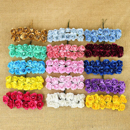 144pcs 2cm Artificial Mini Paper Rose Bouquet for Wedding Party Decoration Home DIY Wreath Gifts Scrapbooking Craft Fake Flowers