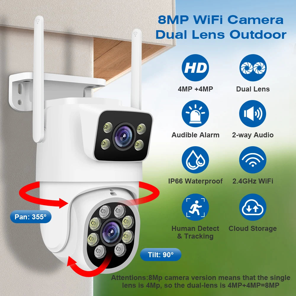 4K 8MP PTZ Dual Lens Wifi Camera Outdoor Night Vision Dual Screen Human Detection 4MP Security Protection Surveillance IP Camera