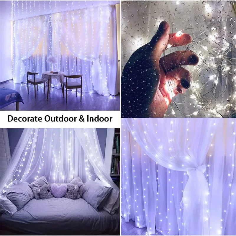 LED Curtain String Lights Christmas Garland Decor Fairy Light 8 Modes USB Remote Control Wedding Holiday Party for Bedroom Home