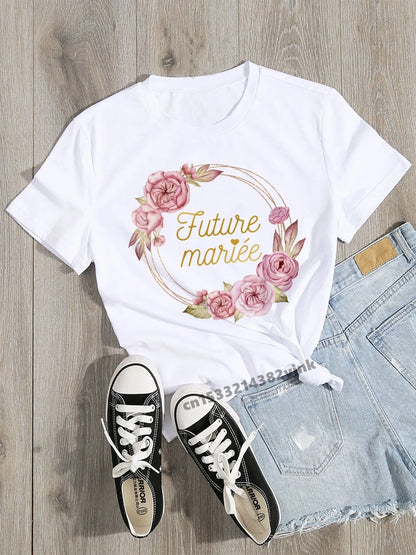 Lovely Team Bride Future Mariee Wedding Party Women Evjf Tee Shirt Casual ladies basic O-collar White Short Sleeved T-shirt Girl