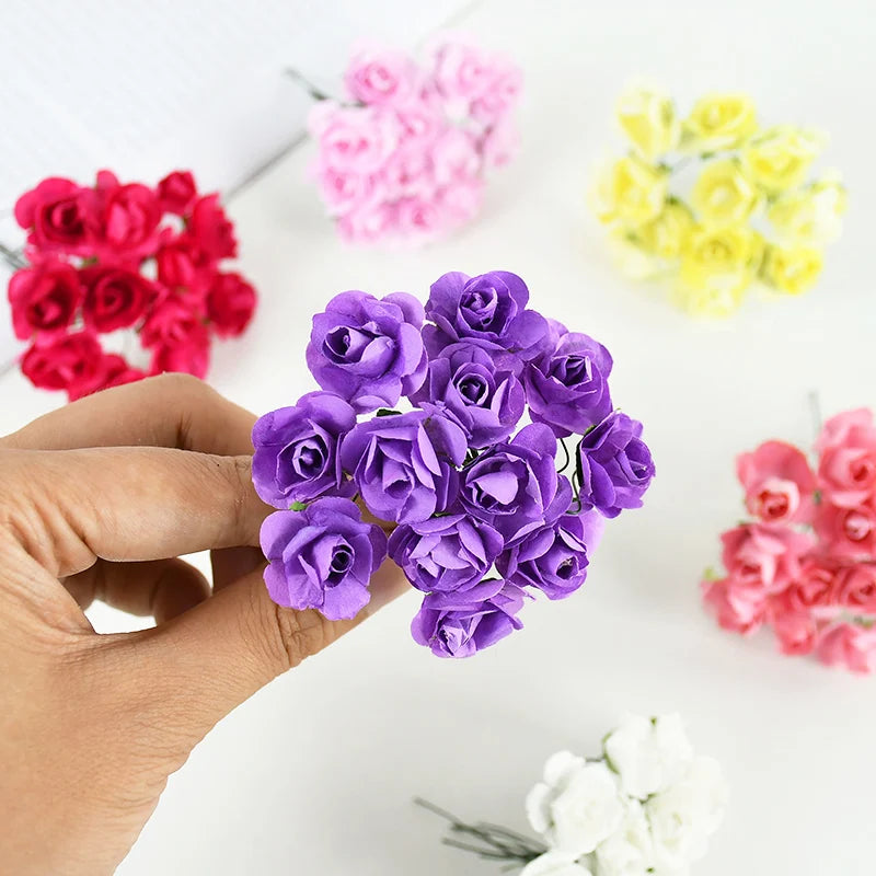 144pcs 2cm Artificial Mini Paper Rose Bouquet for Wedding Party Decoration Home DIY Wreath Gifts Scrapbooking Craft Fake Flowers