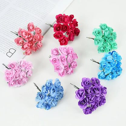 144pcs 2cm Artificial Mini Paper Rose Bouquet for Wedding Party Decoration Home DIY Wreath Gifts Scrapbooking Craft Fake Flowers