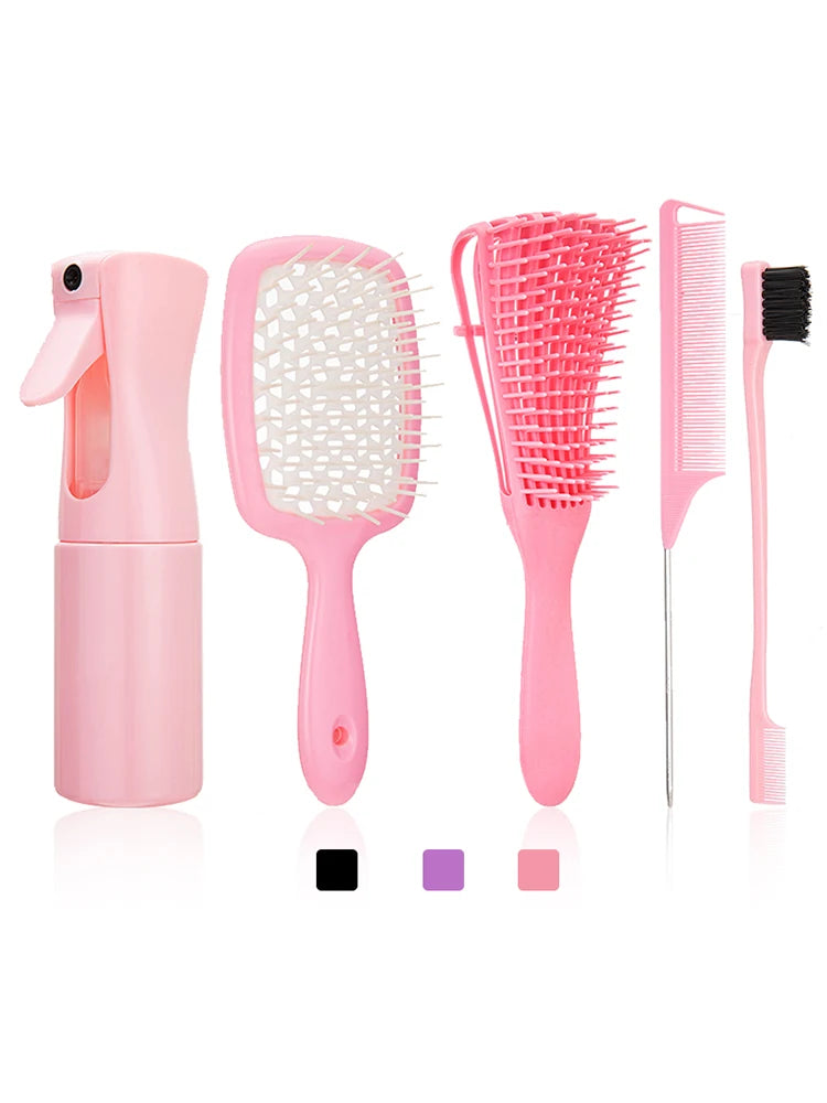 5pcs/set Detangling Hair Brush Pink wig brush Curved Rat Tail Comb Set Edge Hair Brush Curly Hair Brush hairdressing supplies