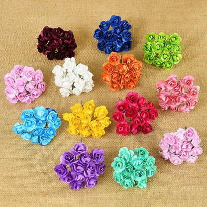 144pcs 2cm Artificial Mini Paper Rose Bouquet for Wedding Party Decoration Home DIY Wreath Gifts Scrapbooking Craft Fake Flowers