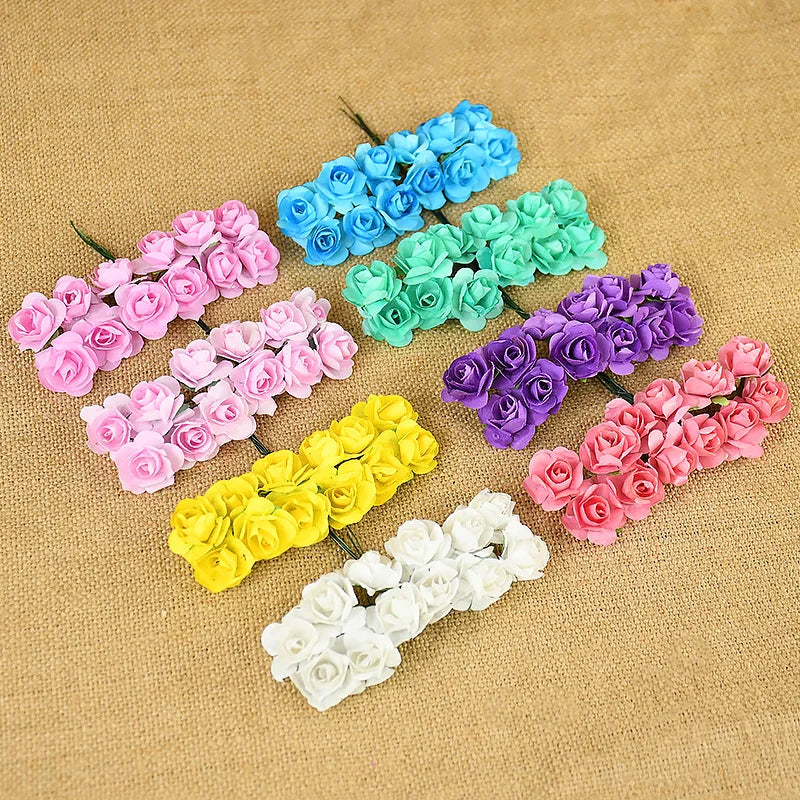 144pcs 2cm Artificial Mini Paper Rose Bouquet for Wedding Party Decoration Home DIY Wreath Gifts Scrapbooking Craft Fake Flowers