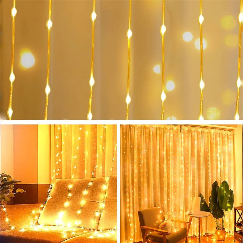 LED Curtain String Lights Christmas Garland Decor Fairy Light 8 Modes USB Remote Control Wedding Holiday Party for Bedroom Home