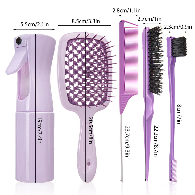 5pcs/set Detangling Hair Brush Pink wig brush Curved Rat Tail Comb Set Edge Hair Brush Curly Hair Brush hairdressing supplies