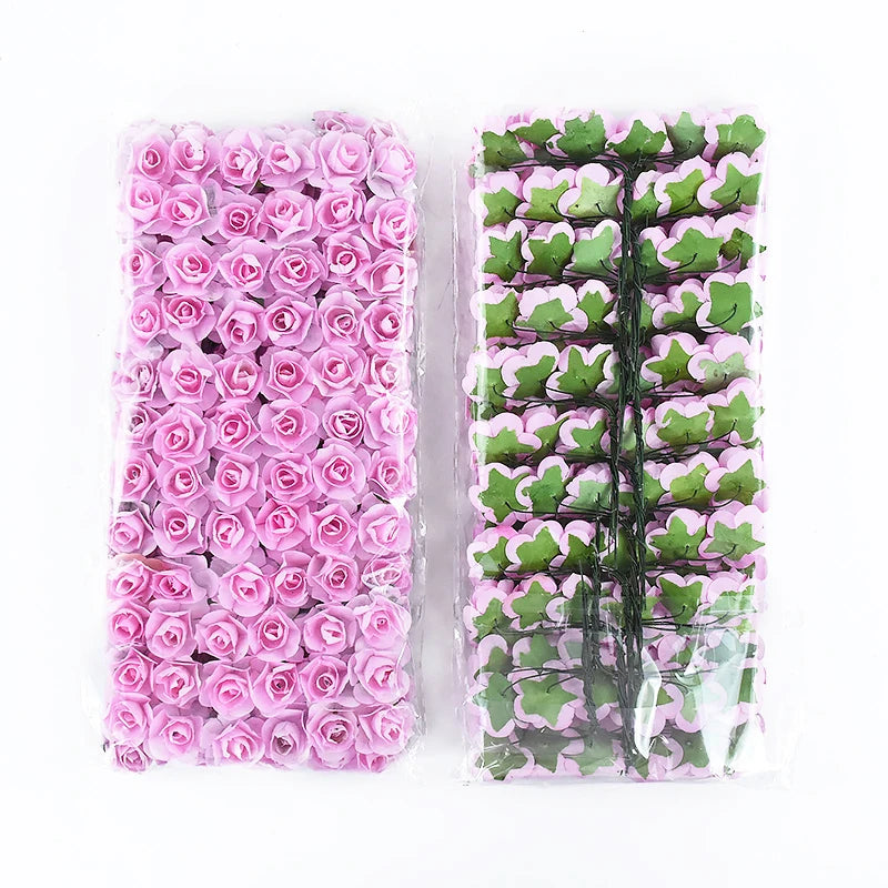 144pcs 2cm Artificial Mini Paper Rose Bouquet for Wedding Party Decoration Home DIY Wreath Gifts Scrapbooking Craft Fake Flowers