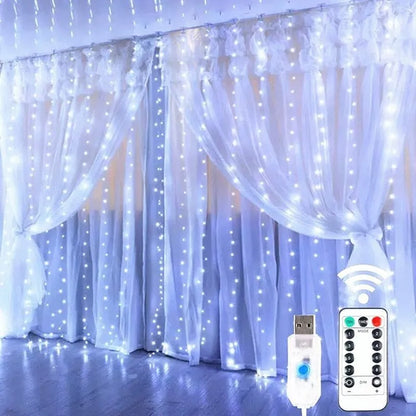 LED Curtain String Lights Christmas Garland Decor Fairy Light 8 Modes USB Remote Control Wedding Holiday Party for Bedroom Home